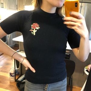 Sandro wool short sleeve top with rose embroidery